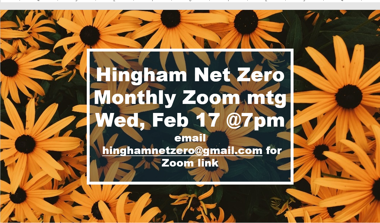 Hingham Net Zero Monthly Zoom meeting Wed, FEb 17 @ 7pm typed in white font overlayed on a picture of yellow flowers.